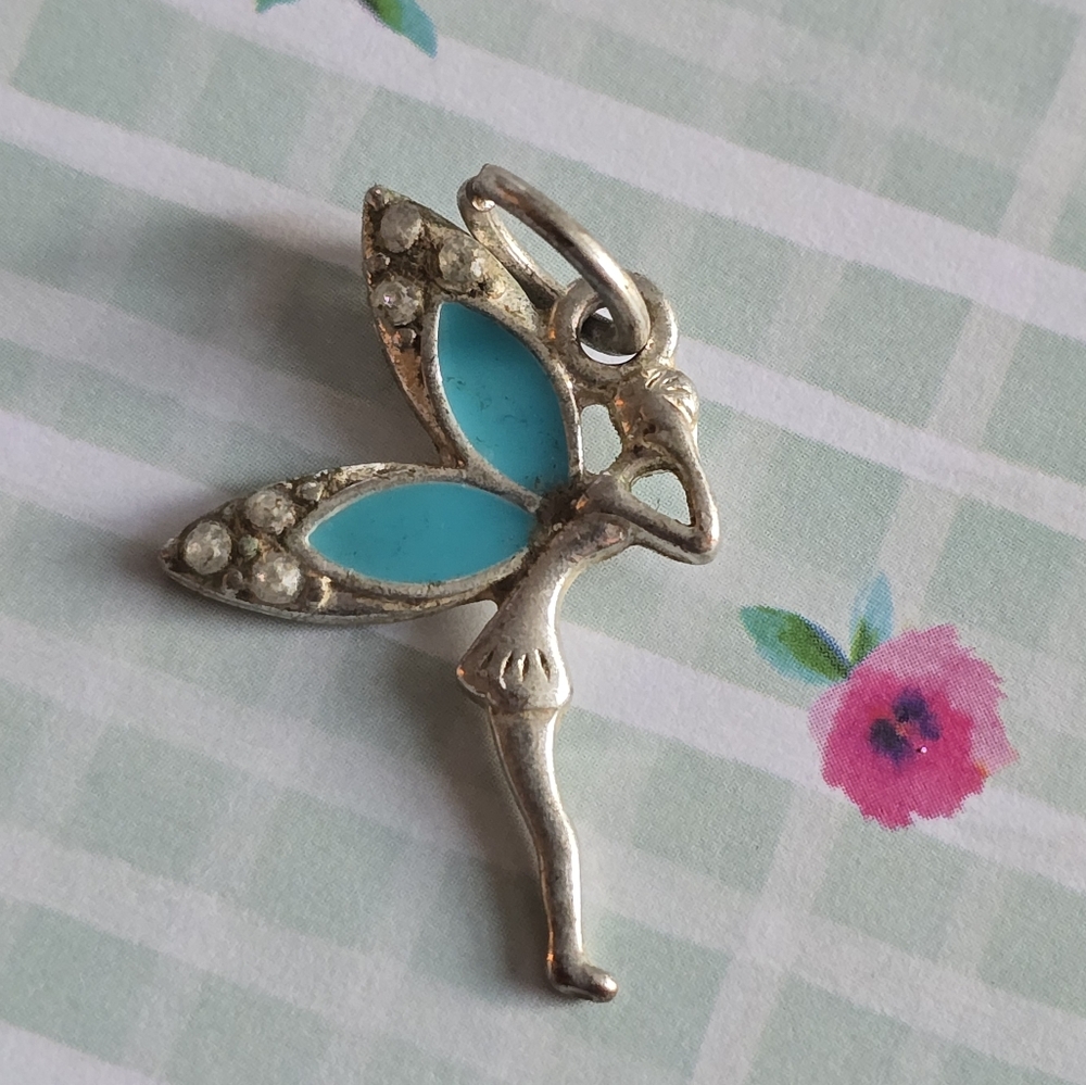 Fairy pendant with crystal wings silver tone charm pendant fae